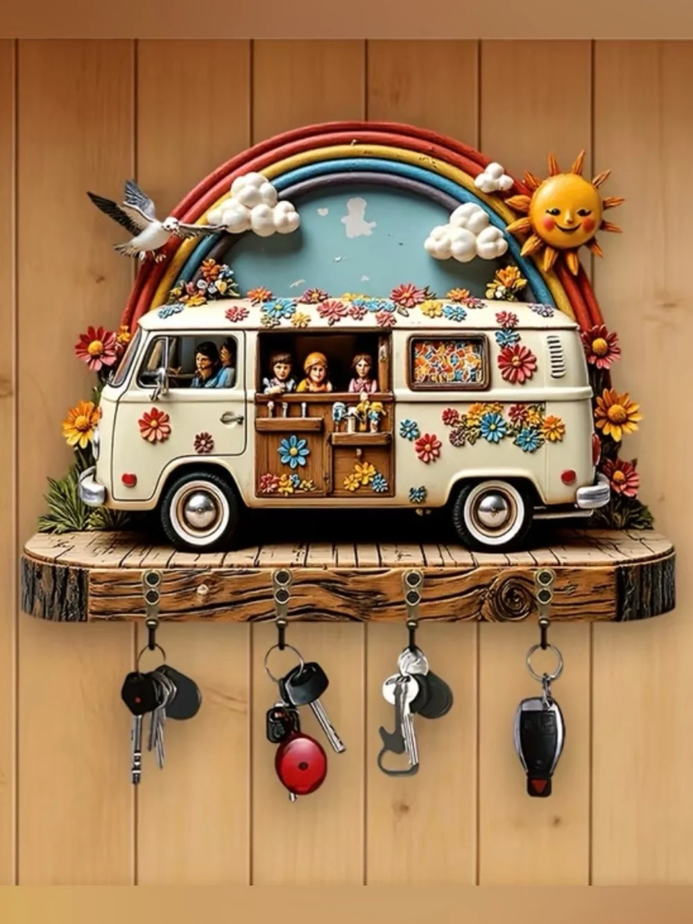 Boho Camper Van Key Rack Wall Hook – Cream Retro Floral